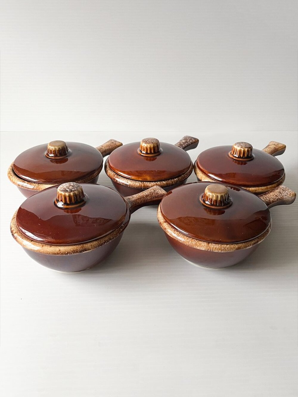 Vintage Hull Oven Proof USA Brown Drip Glaze Soup Bowls Crocks & Lids Set of 5
